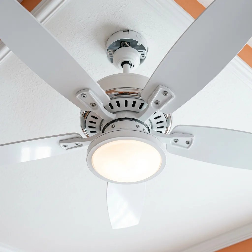 Modern white ceiling fan installed on ceiling of bright Florida living room — no person