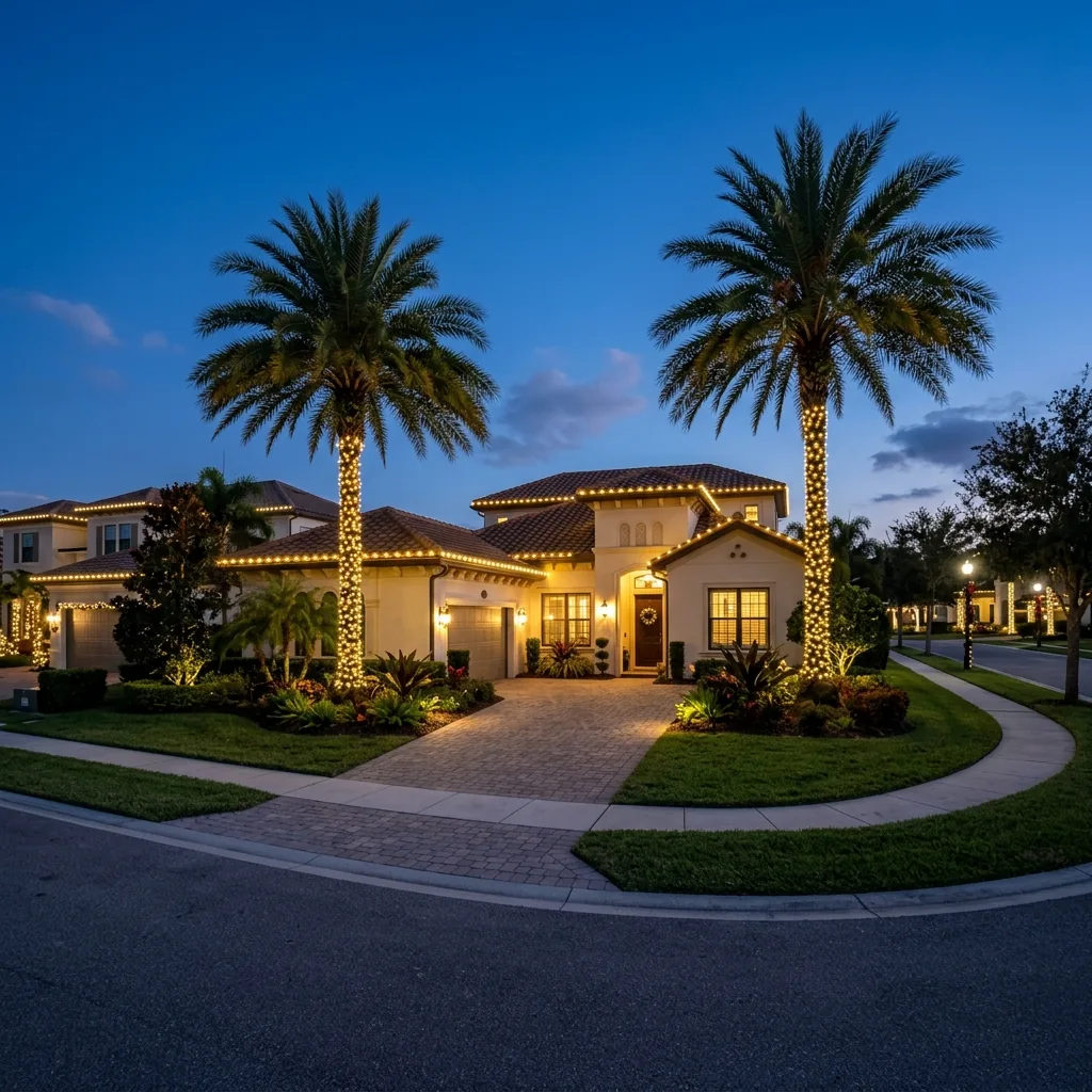 Warm white holiday lights installed along roofline and palm trees of a Florida home at dusk — no person