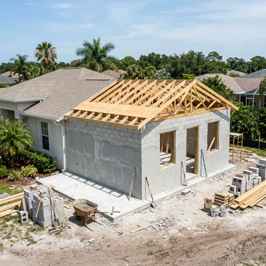 New room addition under construction on a Florida home — concrete block walls, fresh stucco, no person