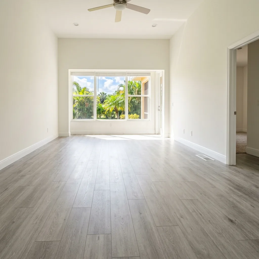 New vinyl plank flooring installed in a bright empty Florida living room — no person