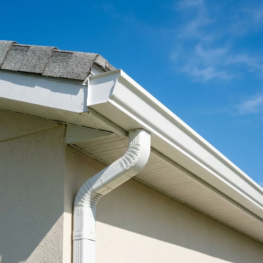 Clean white aluminum gutters and downspout on Florida home roofline — bright daylight, no person