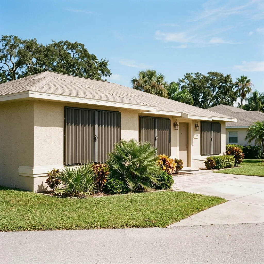 Accordion hurricane shutters fully installed and closed on a Florida concrete block home — no person