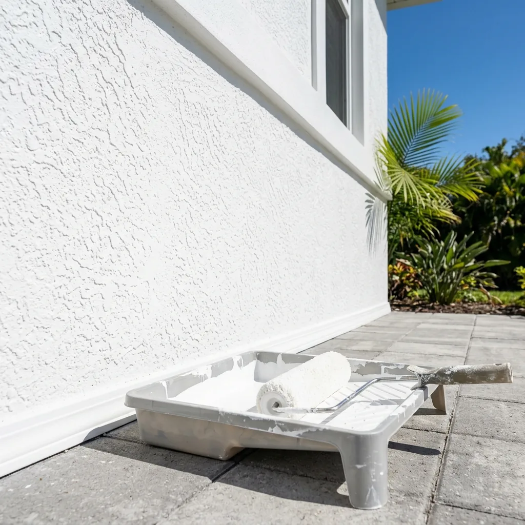Freshly painted white stucco exterior wall of a Florida home — paint roller in tray, no person