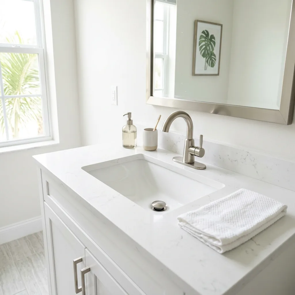 New brushed nickel faucet installed in a clean Florida bathroom vanity — no person