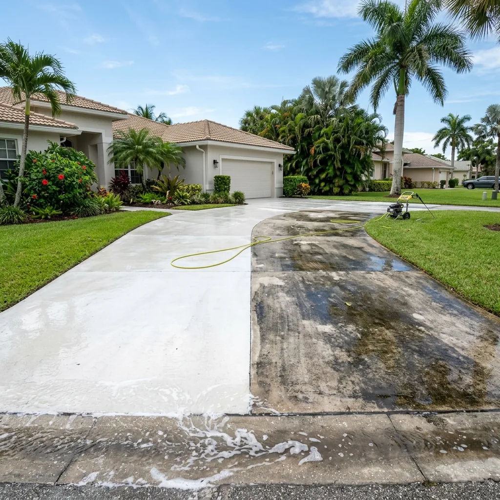 Florida driveway pressure washed clean — before and after split showing algae removal, no person