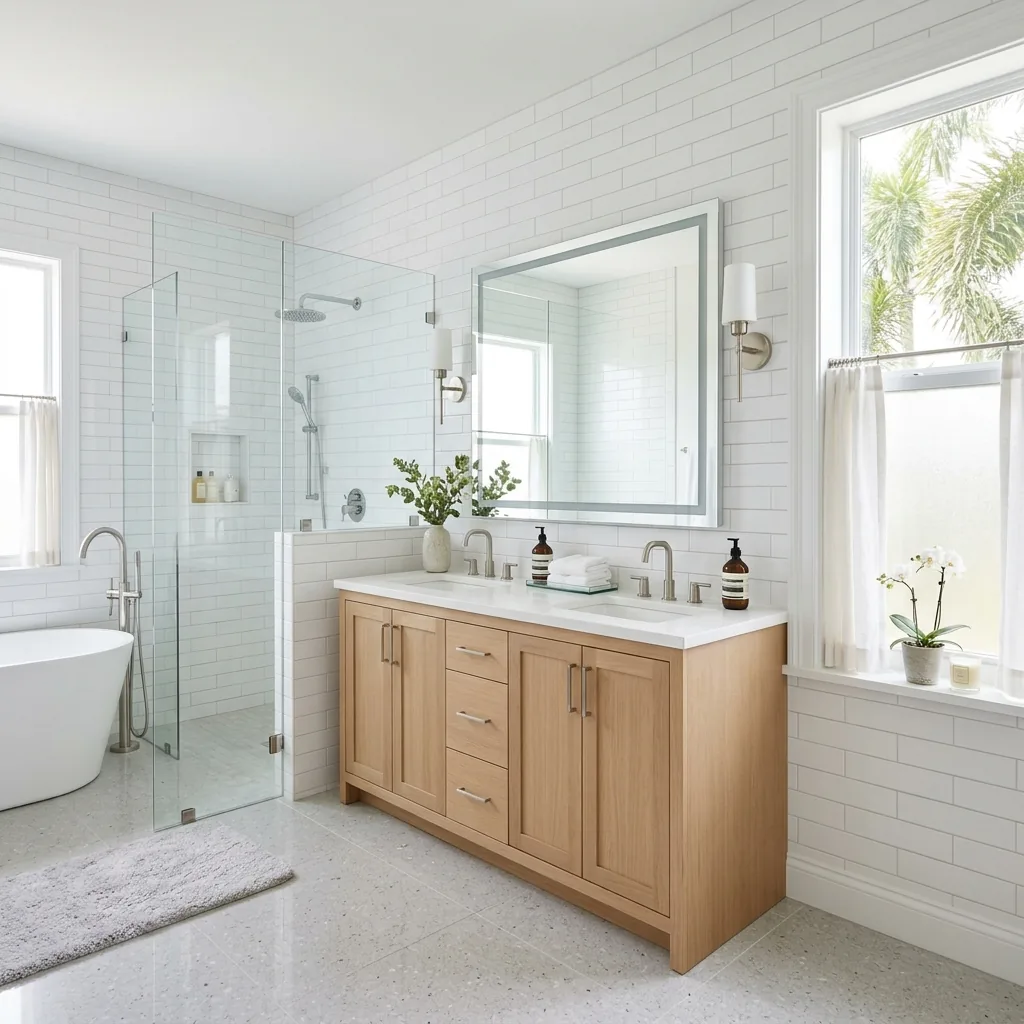 Newly remodeled Florida bathroom with white subway tiles, modern vanity, and clean fixtures — no person