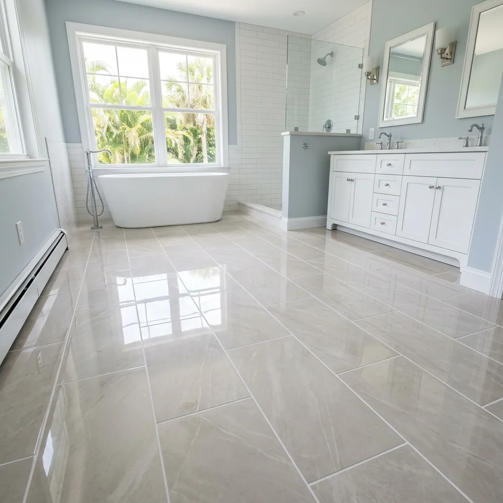 Freshly installed large-format ceramic floor tiles in a bright Florida bathroom — clean grout, no person