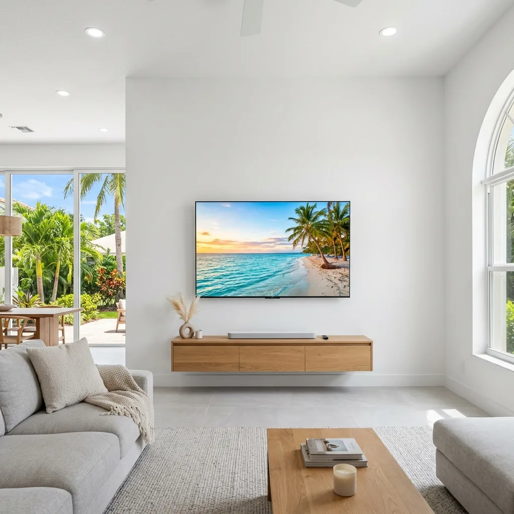 Large flat screen TV cleanly mounted on white wall in a modern Florida living room — no person